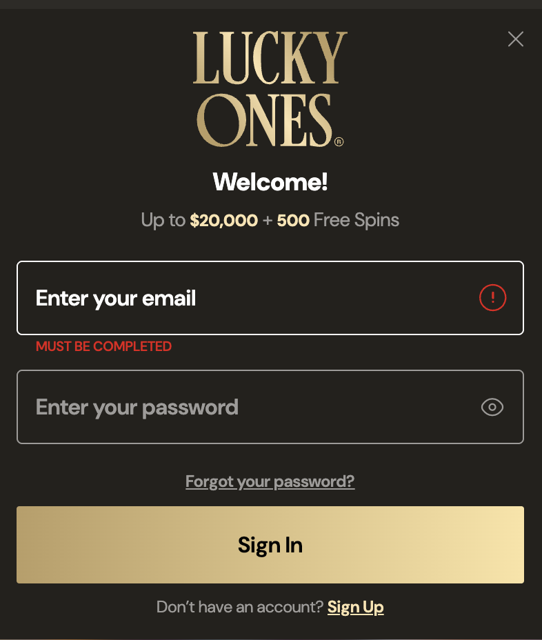 Formulaire de connexion de LuckyOnes Casino