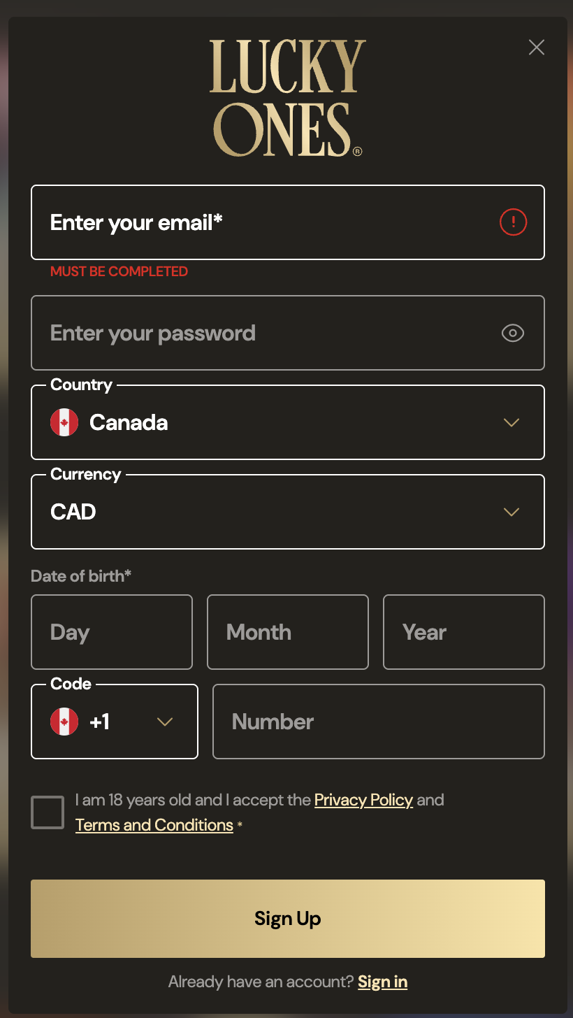 Formulaire d'inscription de LuckyOnes Casino avec Canada et CAD sélectionnés